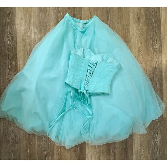 Alfred Angelo Sz 10 Aqua Blue Tulle Two Piece Formal Gown Skirt Corset Strapless - Picture 2 of 16